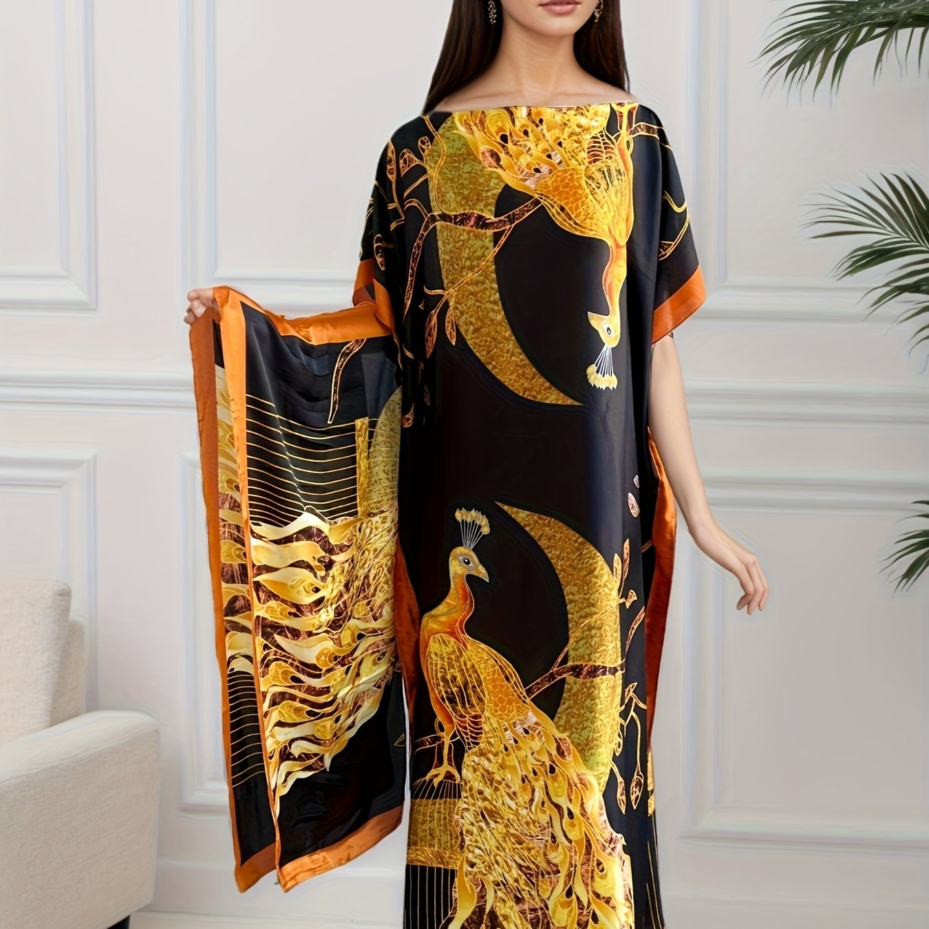 Plus Size Women's Black and Gold Printed Robe Dress with Scarf