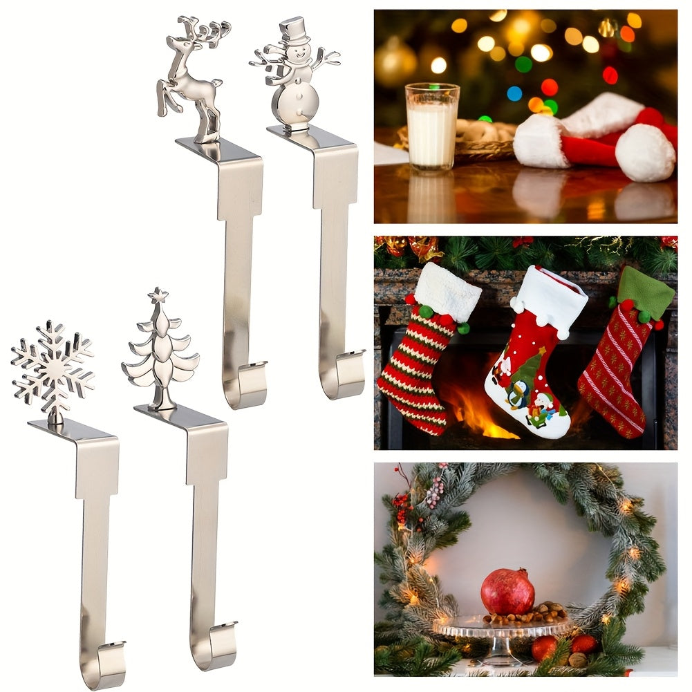 Set of 2 Christmas Mantel Stocking Holders Stainless Steel Snowflake Santa Elk