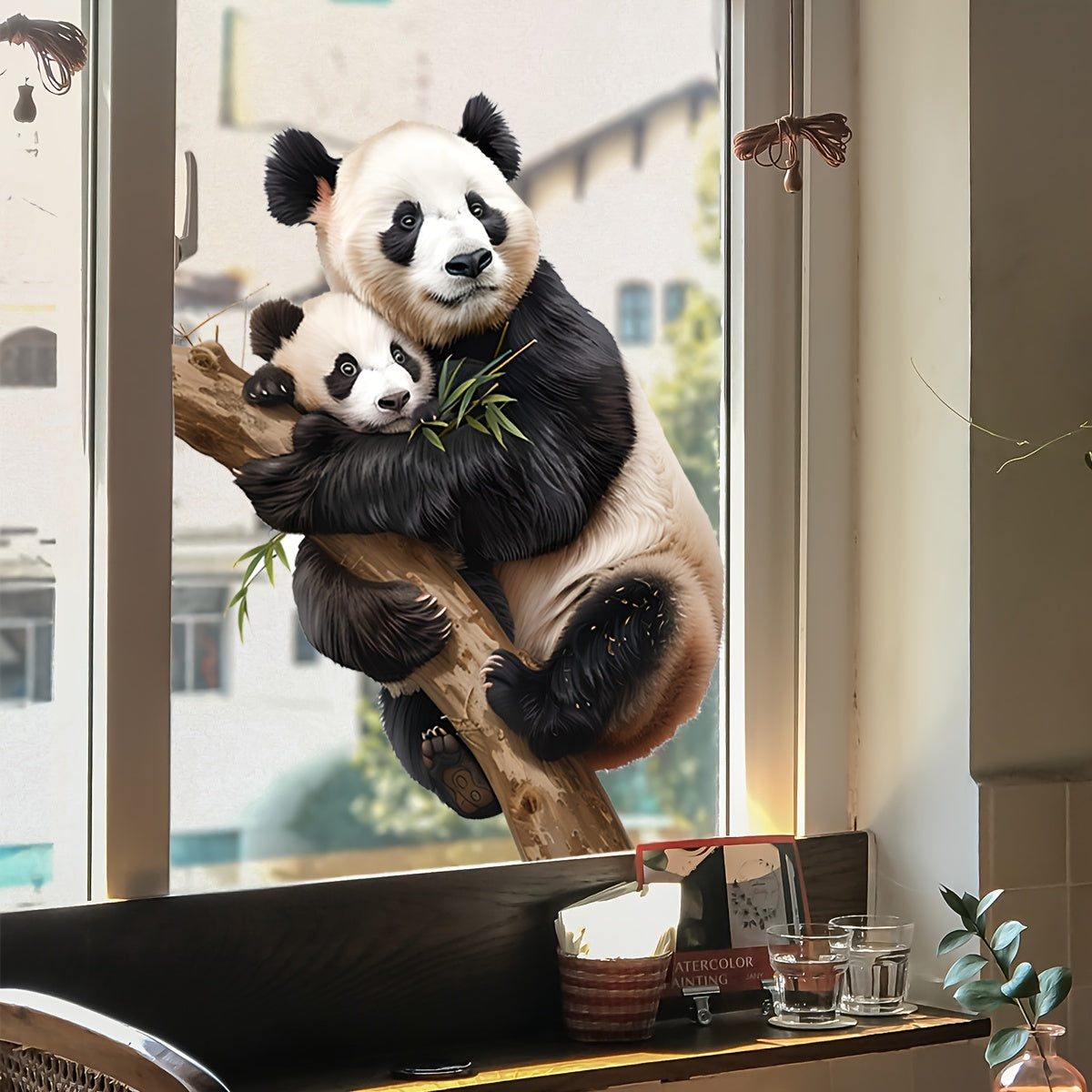 Dual-Sided Panda Family Window Cling Reusable Vinyl Decal for Home Office Decor