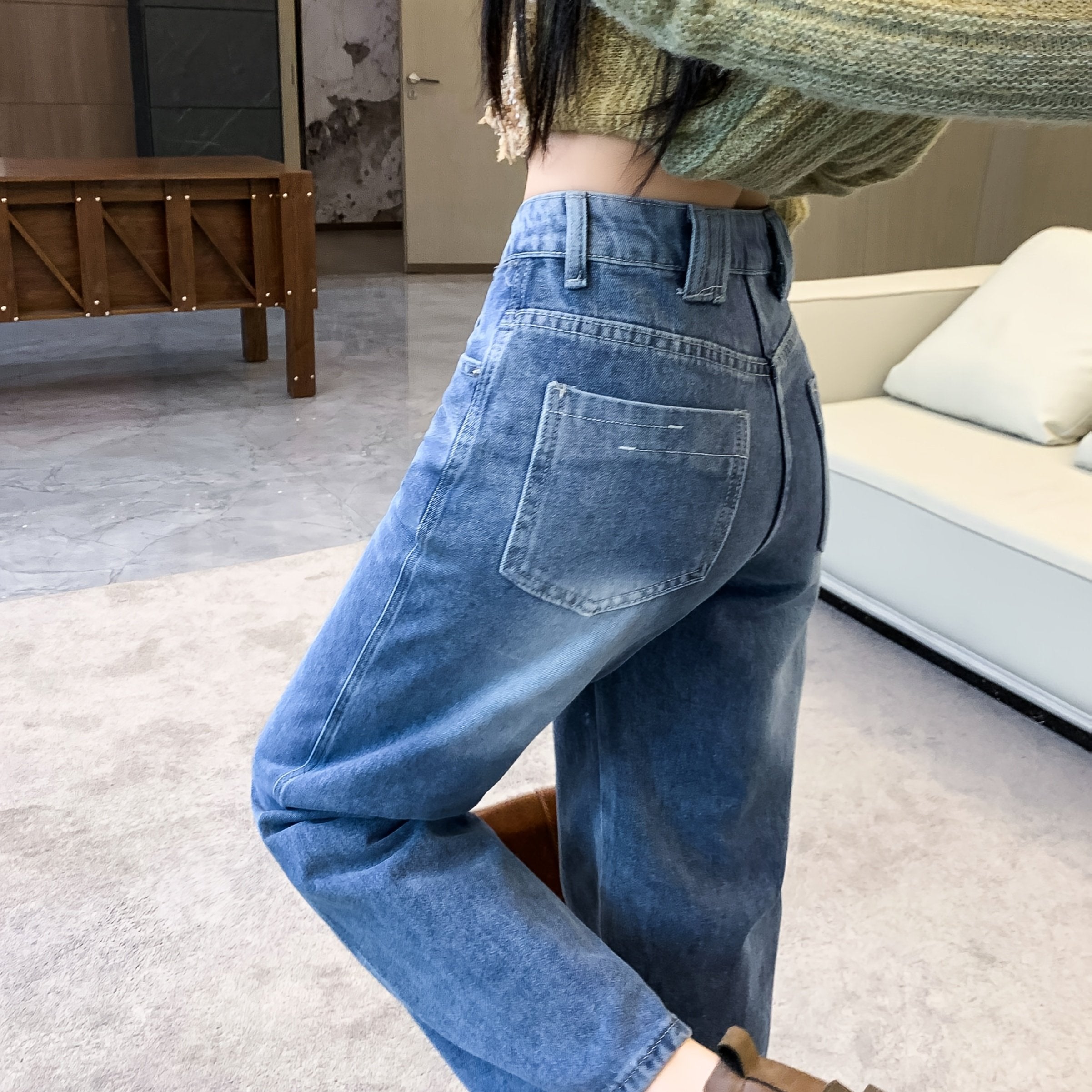 Women's Wide Leg Jeans with Slant Pockets Vintage Denim Pants Casual Streetwear