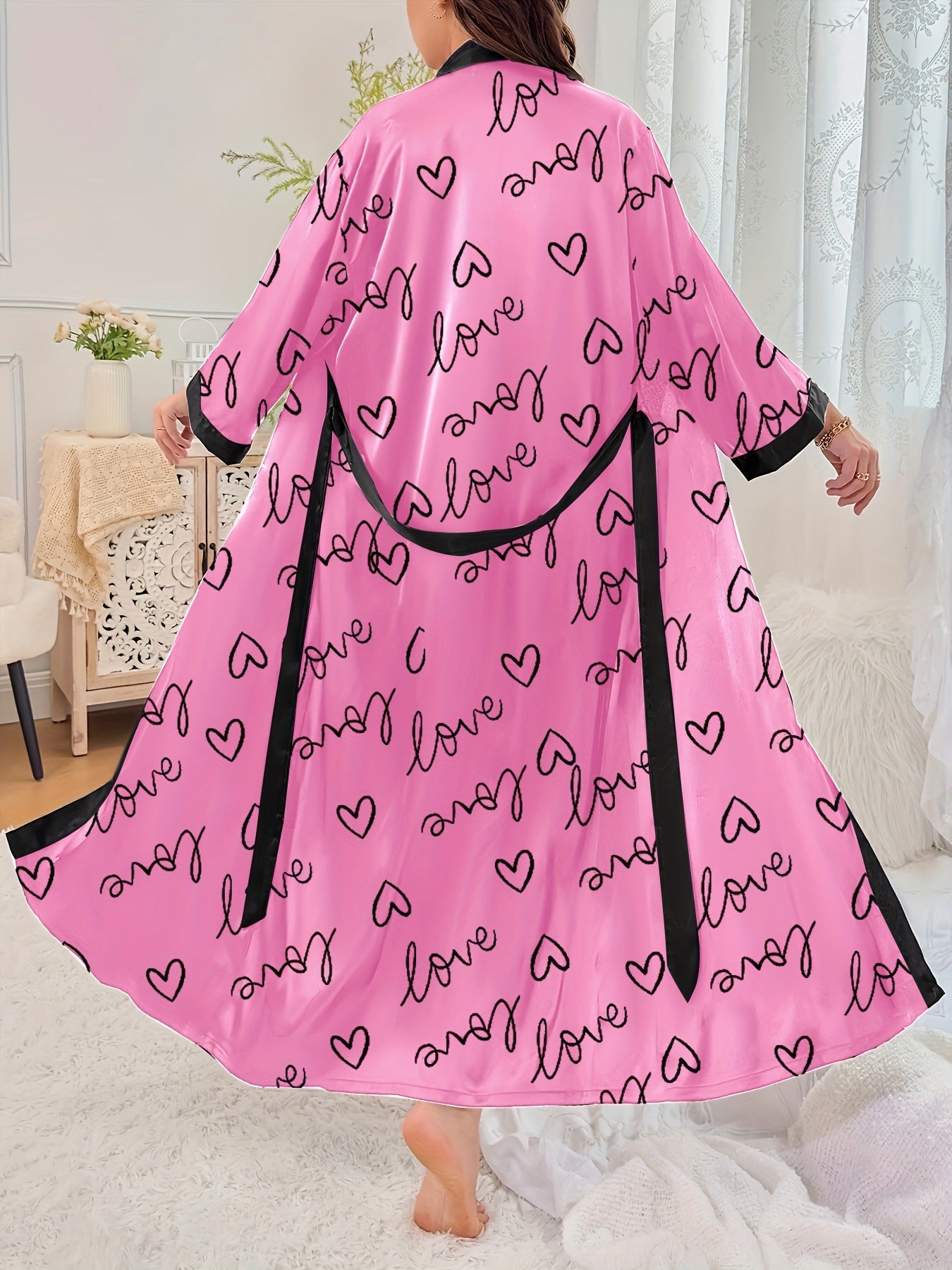 Plus Size Women's Pink Heart Print Casual Sleepwear Robe