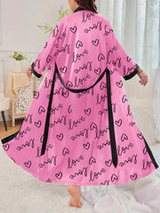 Plus Size Women's Pink Heart Print Casual Sleepwear Robe