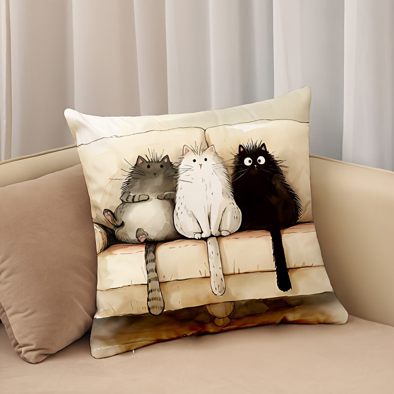 Cartoon Cat Print Linen Throw Pillow Cover 44.96cm x 44.96cm Zipper Closure Woven Polyester Decorative Cushion for Sofa Bedroom