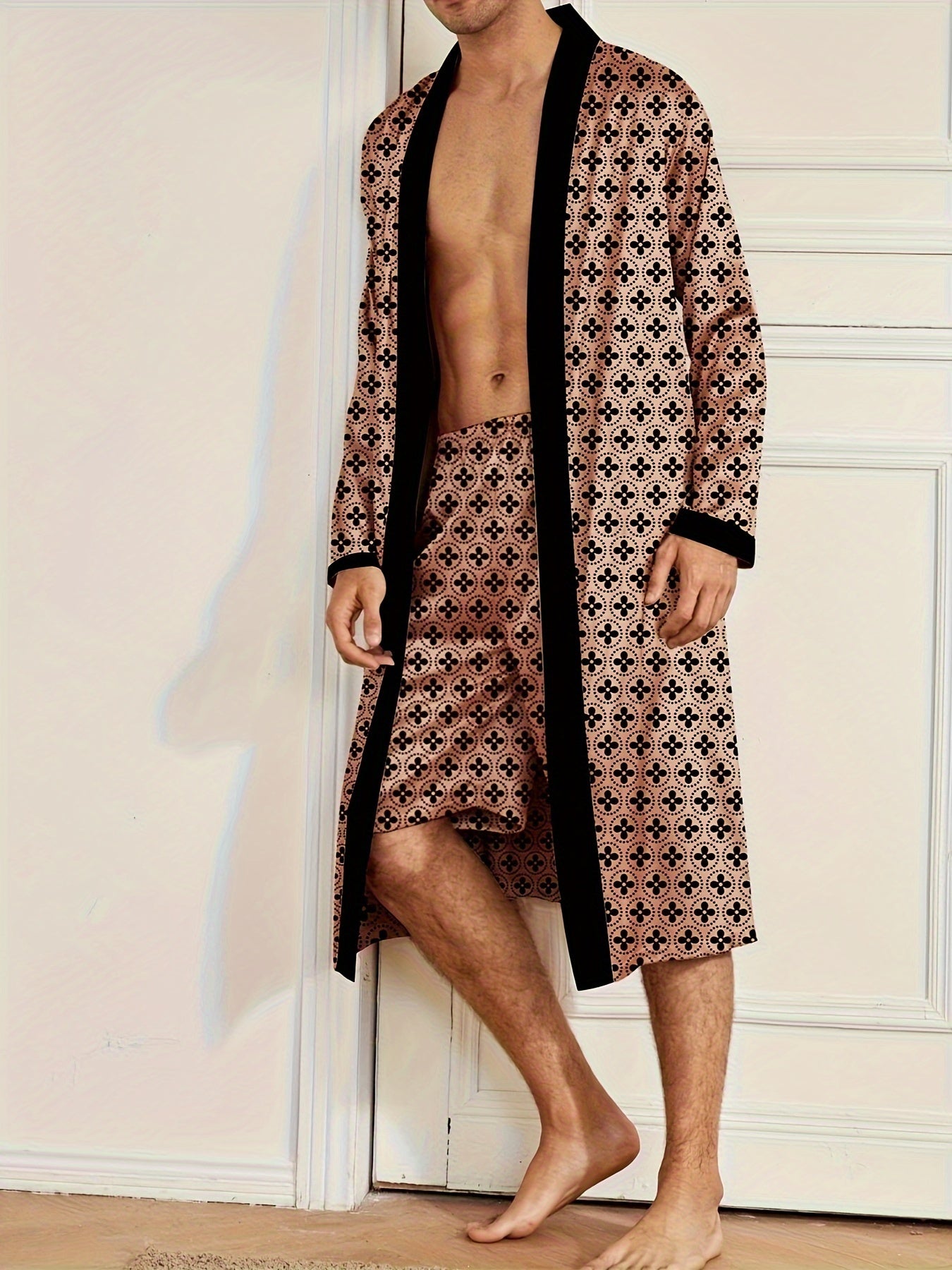 Men's Full-Print Cotton Robe Set V-Neck Tie Casual Lounge Spring Summer Fall