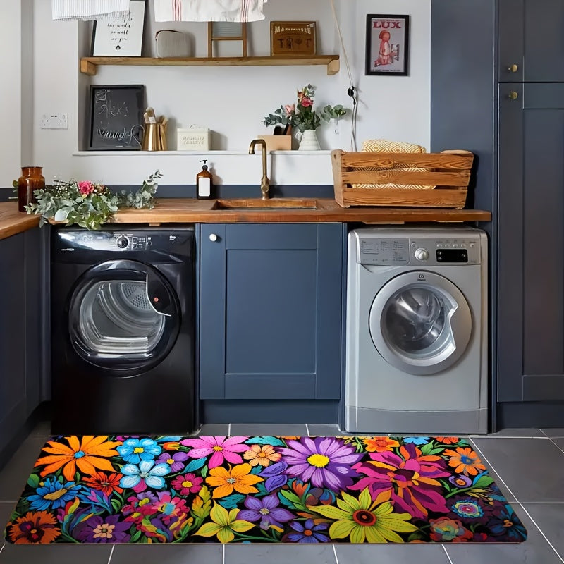 Vibrant Floral Kitchen Mat 0.8mm Thick Soft Polyester for Laundry Bathroom Living Room