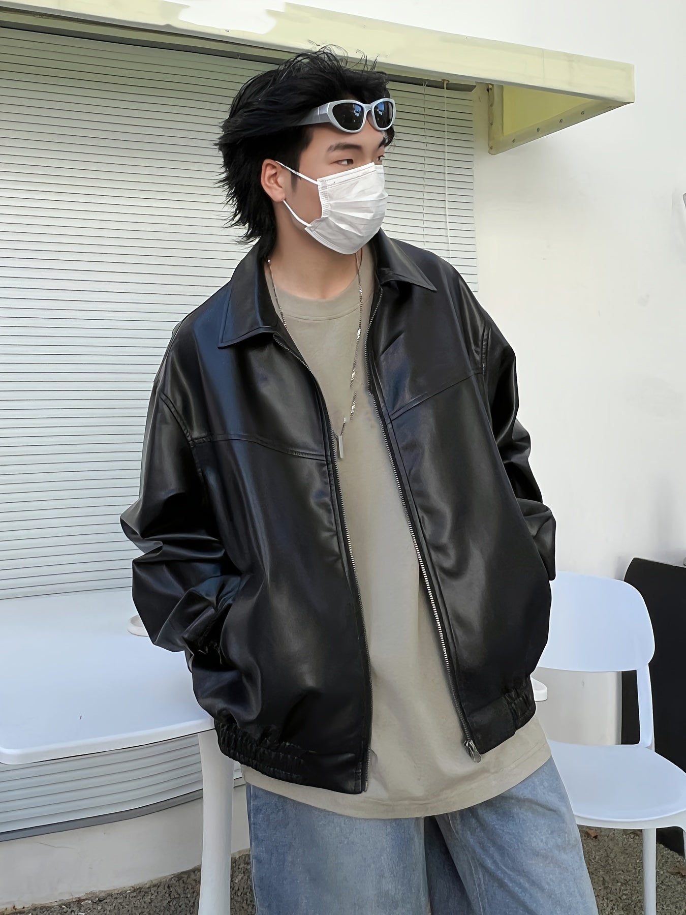 Black Glossy Finish Loose Fit Jacket with Zipper, Long Sleeves, Casual Style