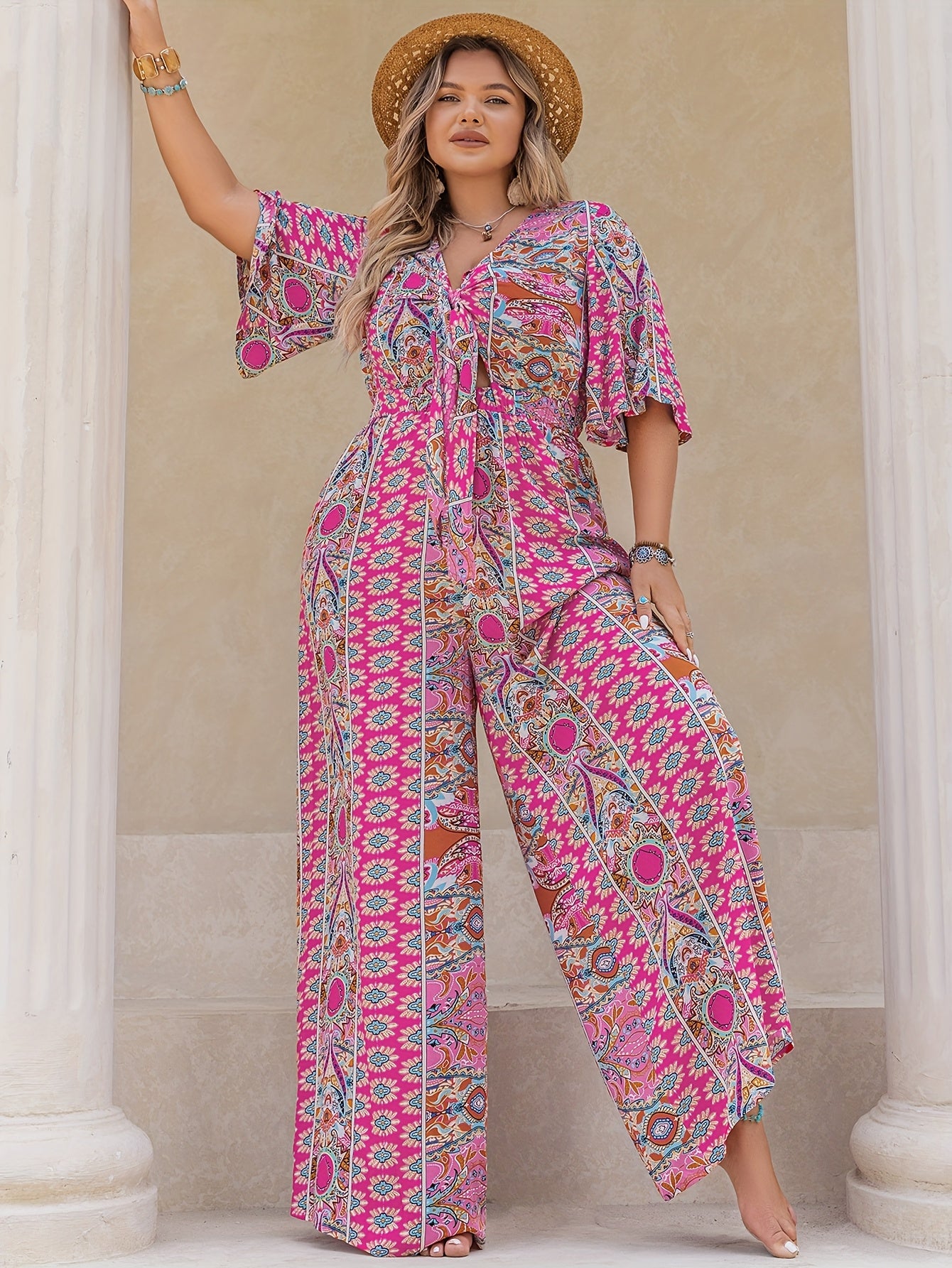 Plus Size Women's Bohemian Floral Print V-Neck Jumpsuit Long Sleeve