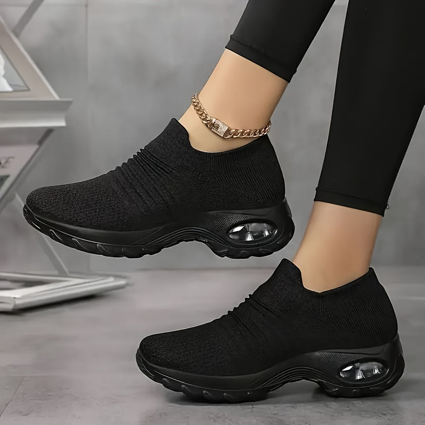 Women's Knit Slip-On Sneakers with Air Cushion Sole Black Casual Wear