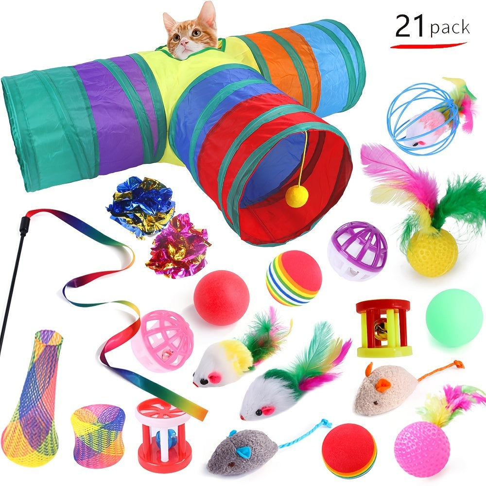 Cat Toys Kitten Set with Collapsible 3-Way Tunnels and Feather Toy Polyester