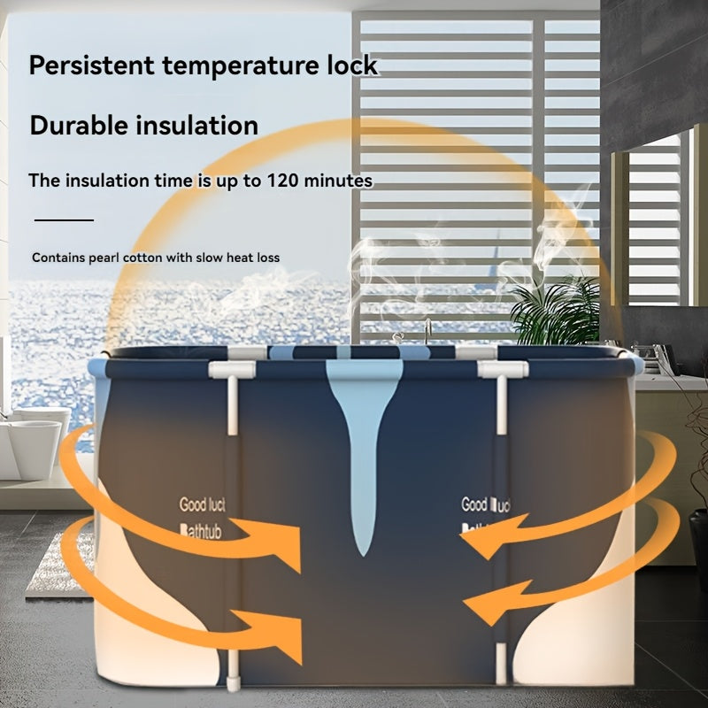 Adults Foldable Freestanding Bathtub PVC Blue White Marble Pattern Dual-Person Easy to Use