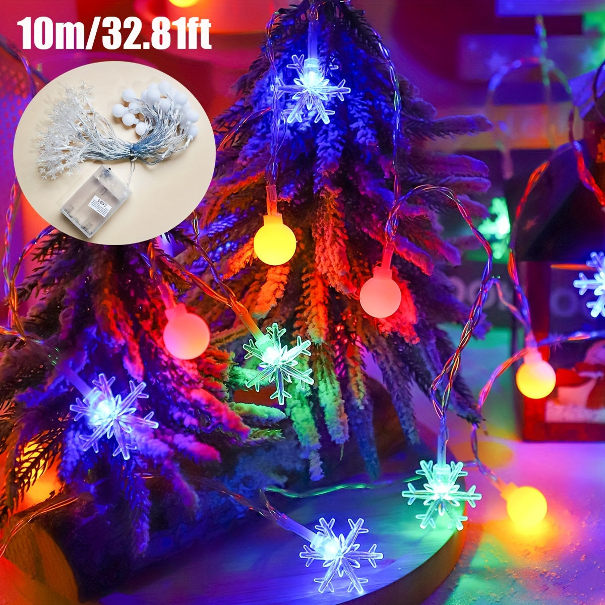 Luces de cadena de bolas blancas de copo de nieve para Navidad, decoración de árbol interior