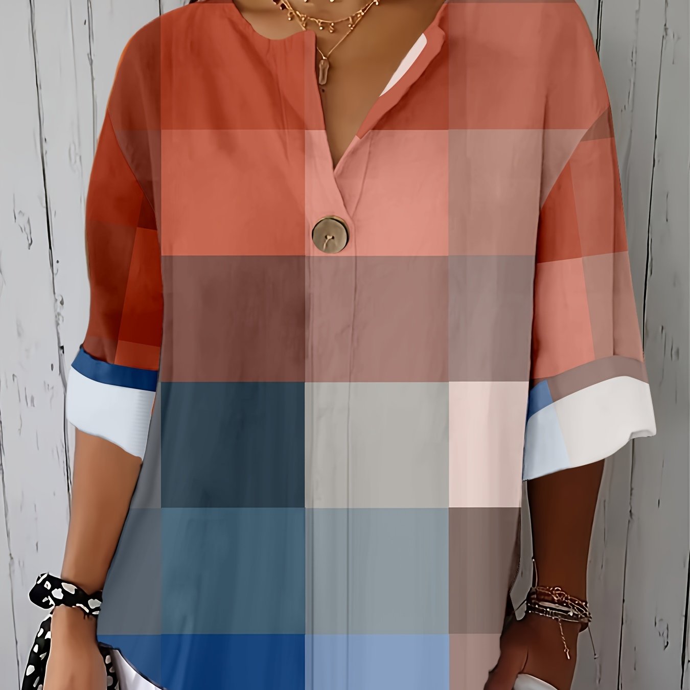 Women's Plus Size Patchwork Blouse With Decorative Buttons