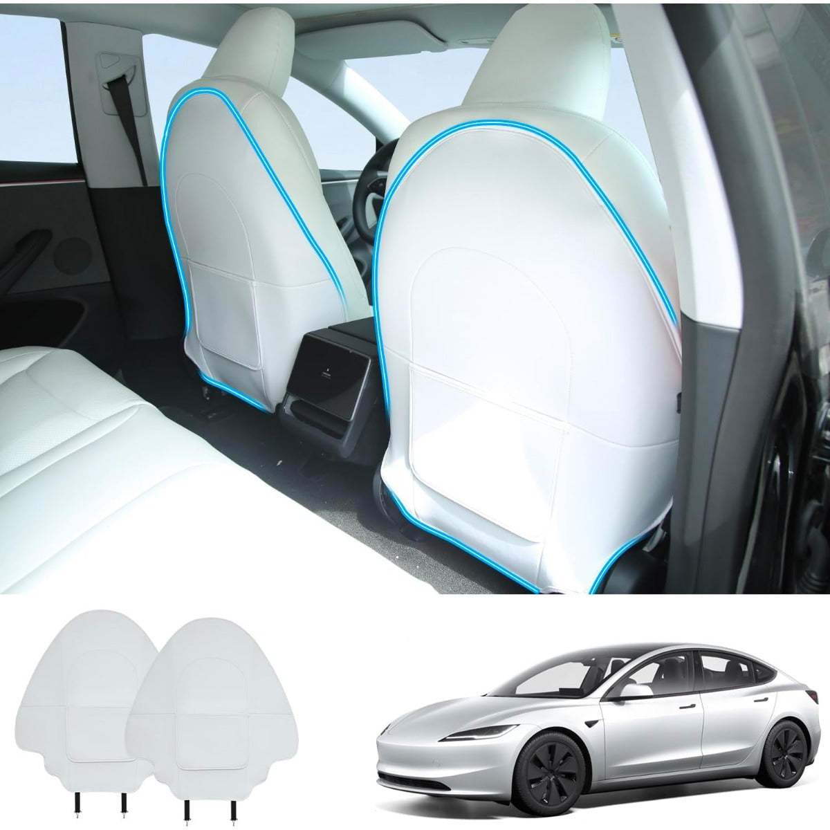 2pcs Back Seat Protectors for Tesla Model 3 Y PU Leather Kick Mats Storage