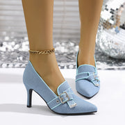 Women's Blue Pointed Toe Mary Jane Heels with Block Heel and Cushioned Insole
