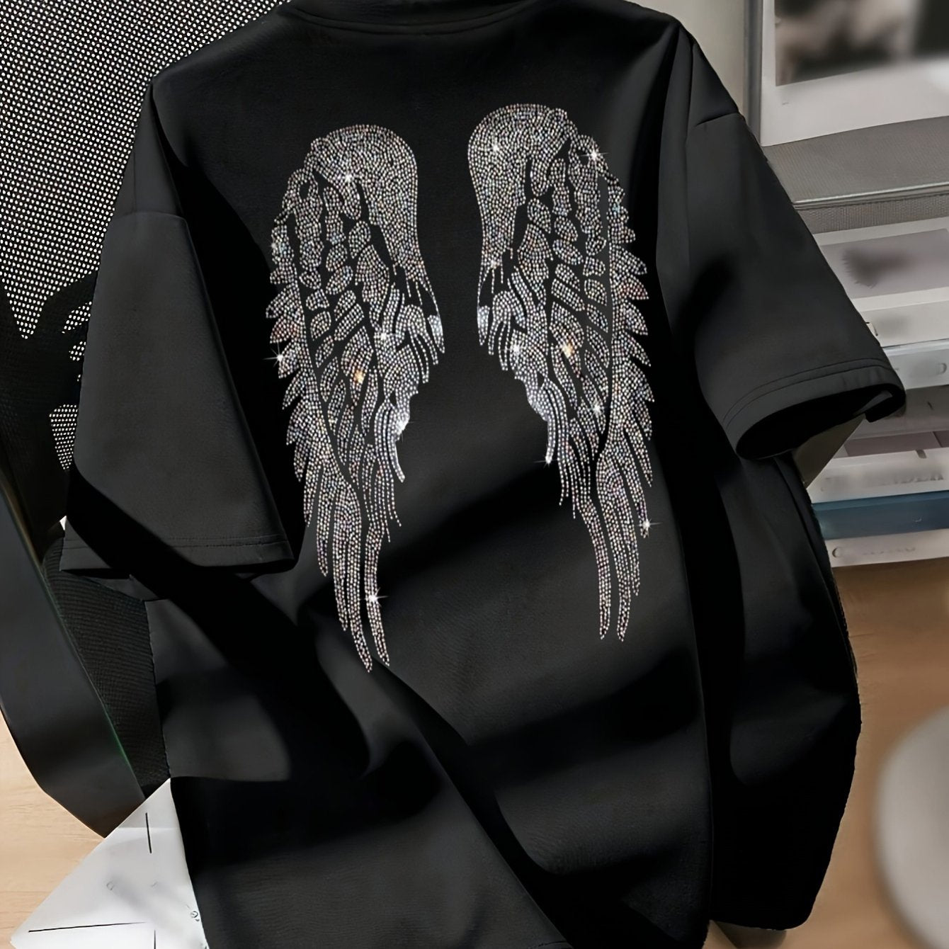 Women's Black Crew Neck T-Shirt with Wing Design Short Sleeve Polyester Blend