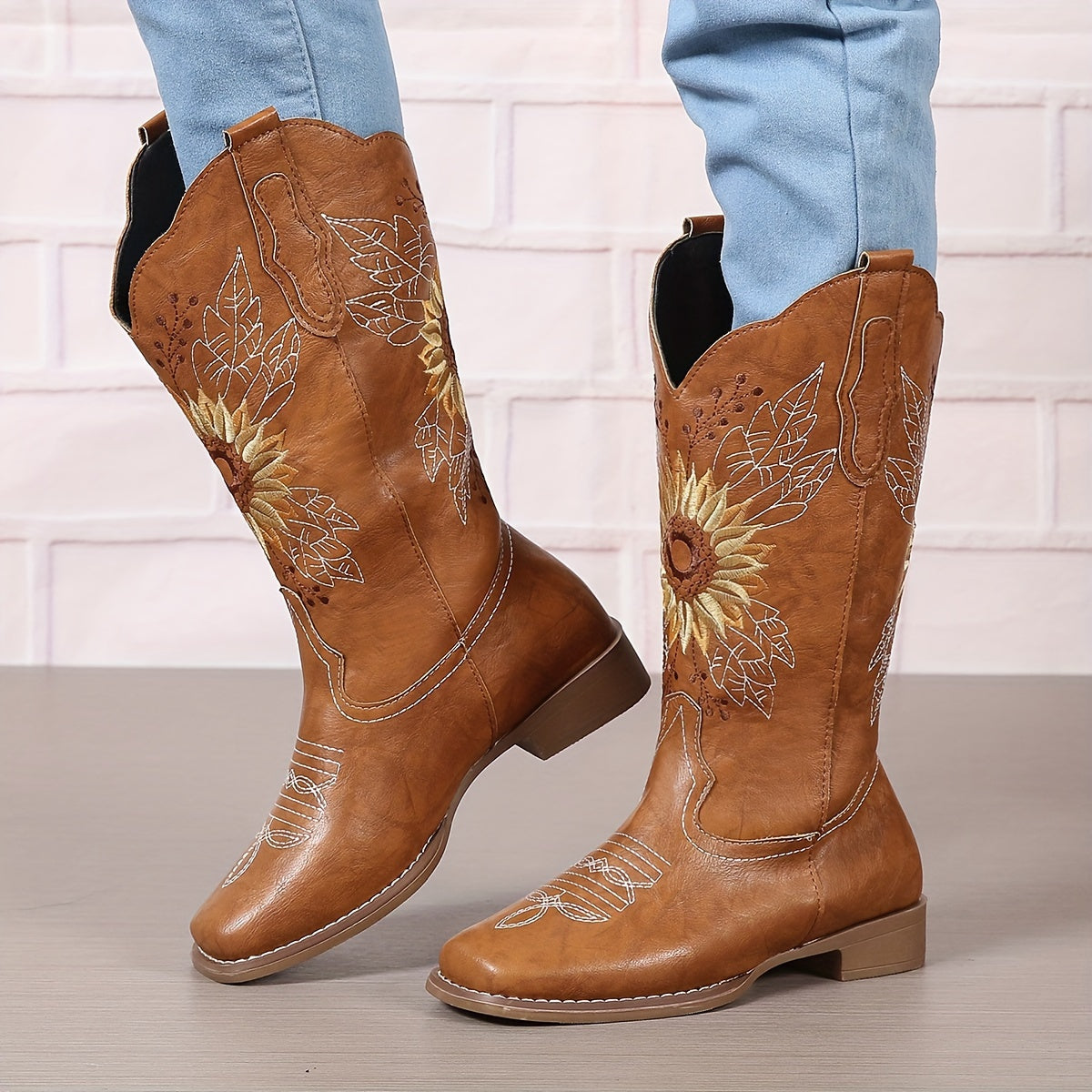 Women's Faux Leather Embroidered Mid Calf Western Boots