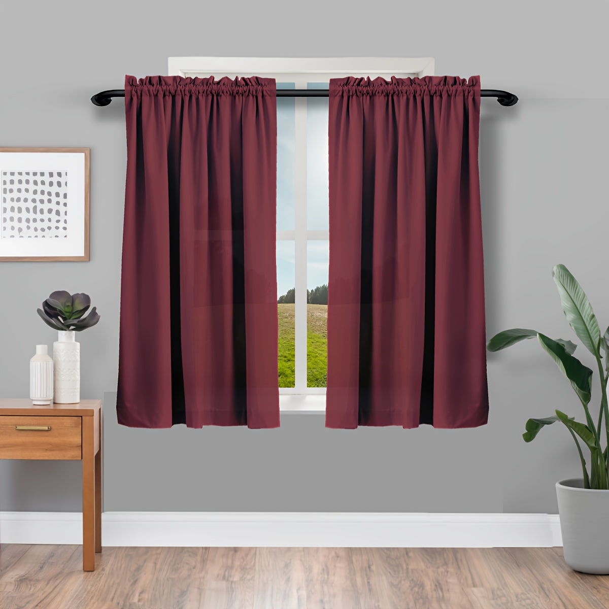 Maroon Blackout Curtains Set 2 Pieces Light Filtering Durable Polyester for Living Room Bedroom