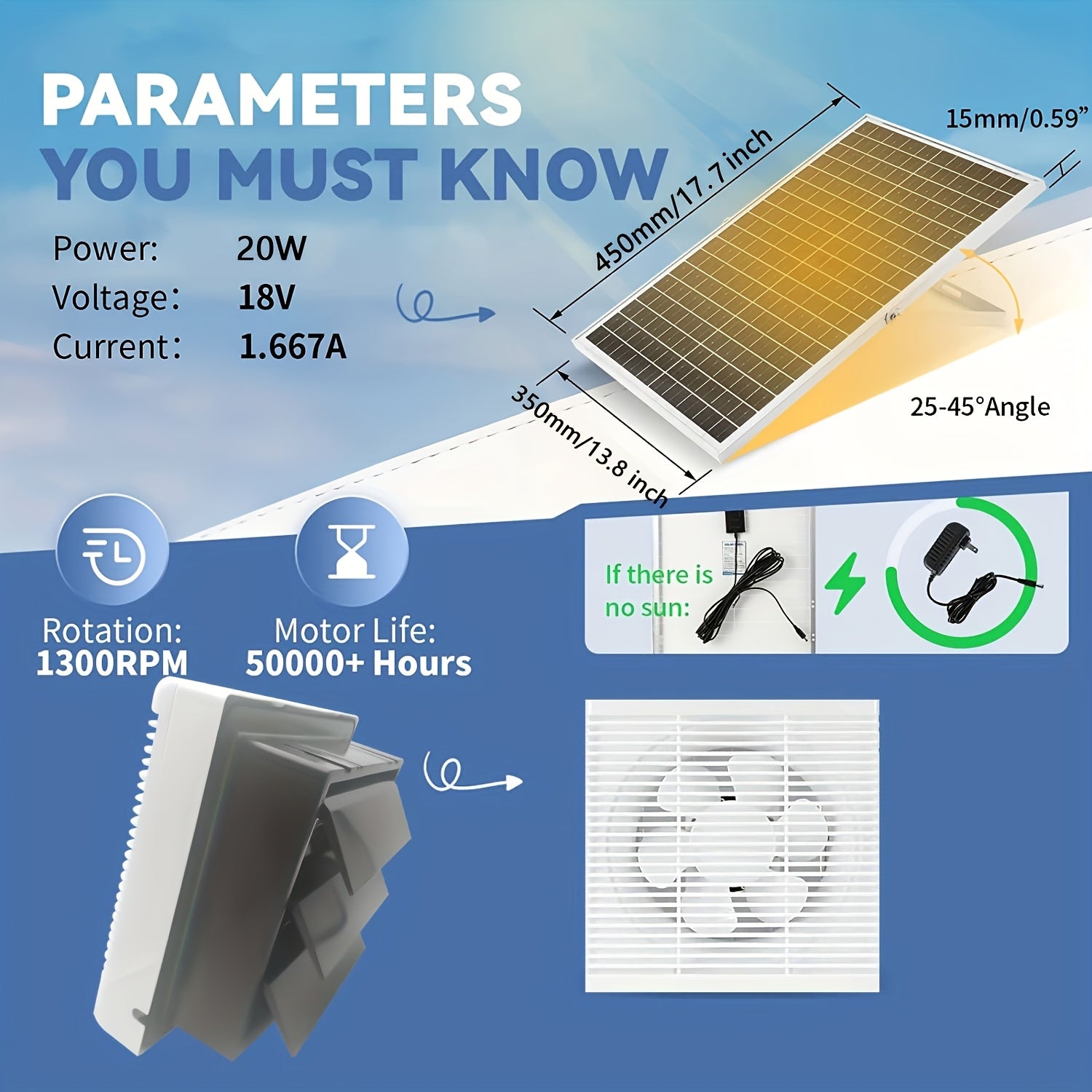 Quyosh energiyali chiqarish ventilyatori to'plami, louverli dizayni bilan, issiqxonalar, shiftdan, parranda uyalaridan, garajlardan, bog'lardan, attiklardan, fermalardan, podvallardan va RVlar uchun mos. Batareya yo'q