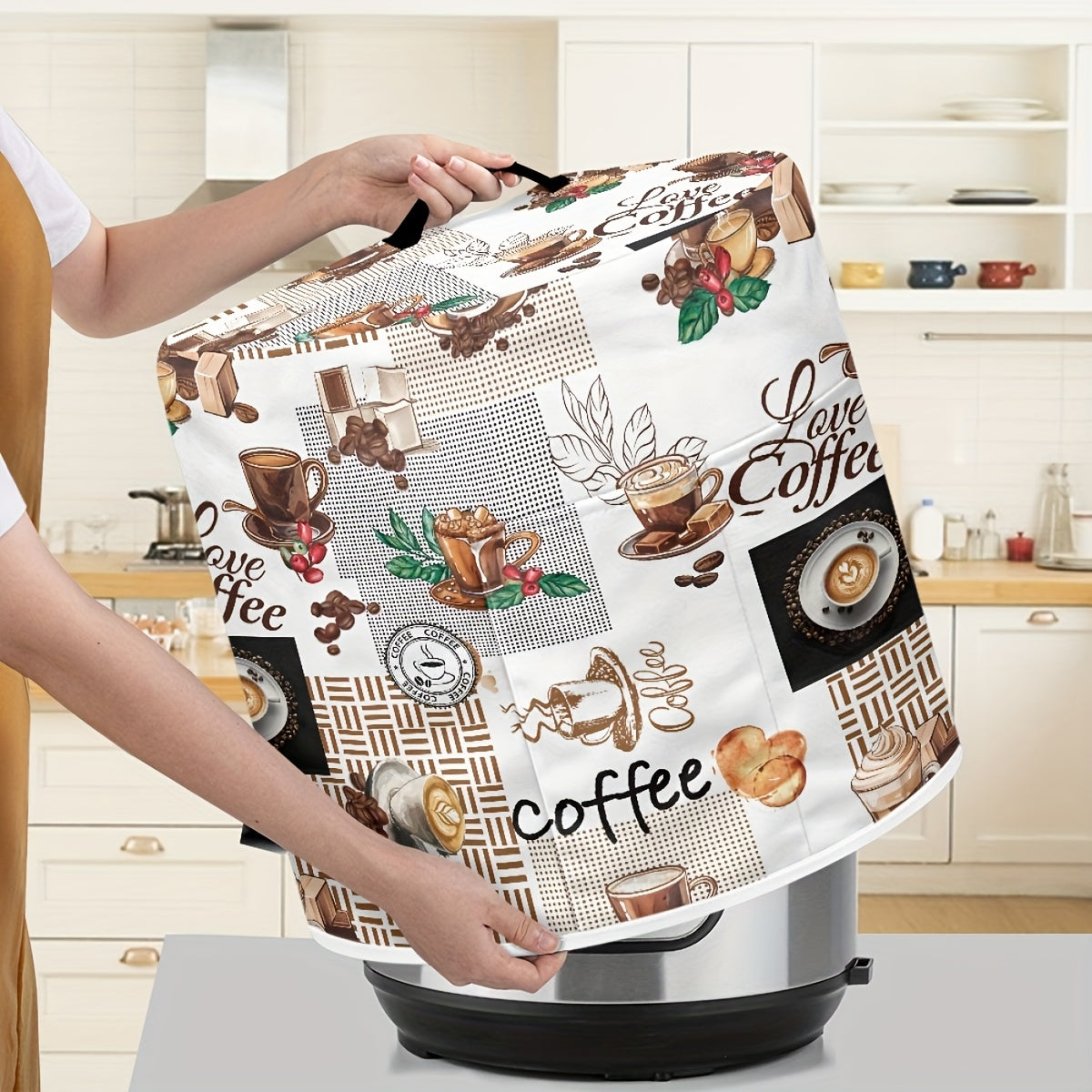 Funda de polvo para olla arrocera con temática de café con asas, bolsillo para pañuelos, poliéster, decoración de cocina