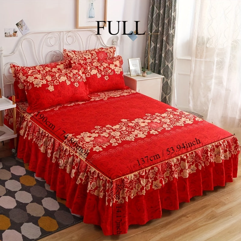 Set of 3 Tropical Floral Bedding Set with Lace Bed Skirt and Pillowcases Ruffled Edges Purple