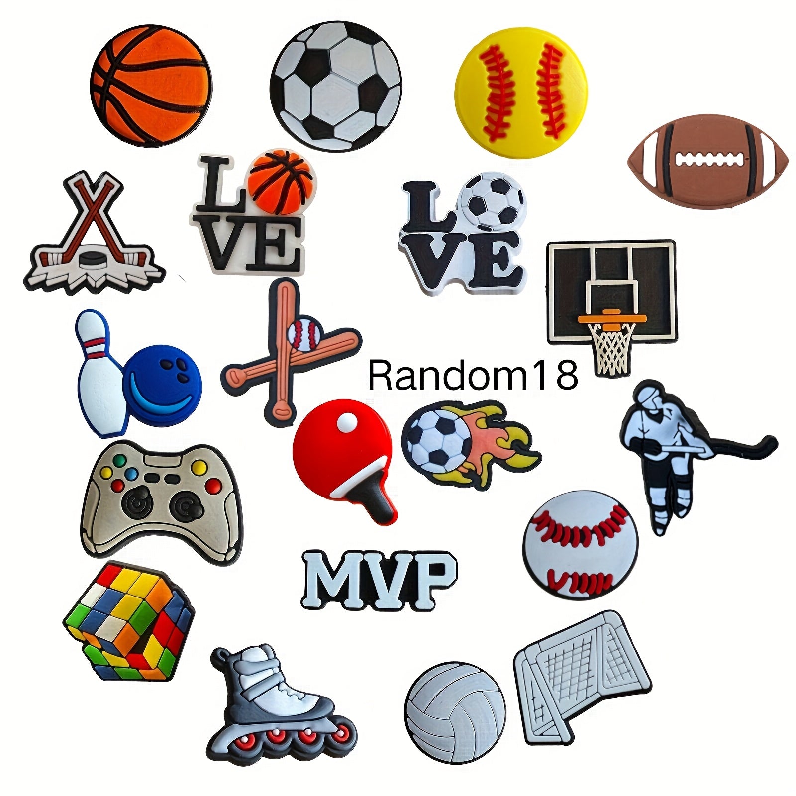 Unisex Shoe Charms 18pcs Set with Sports Balls for Sandals and Gifts
