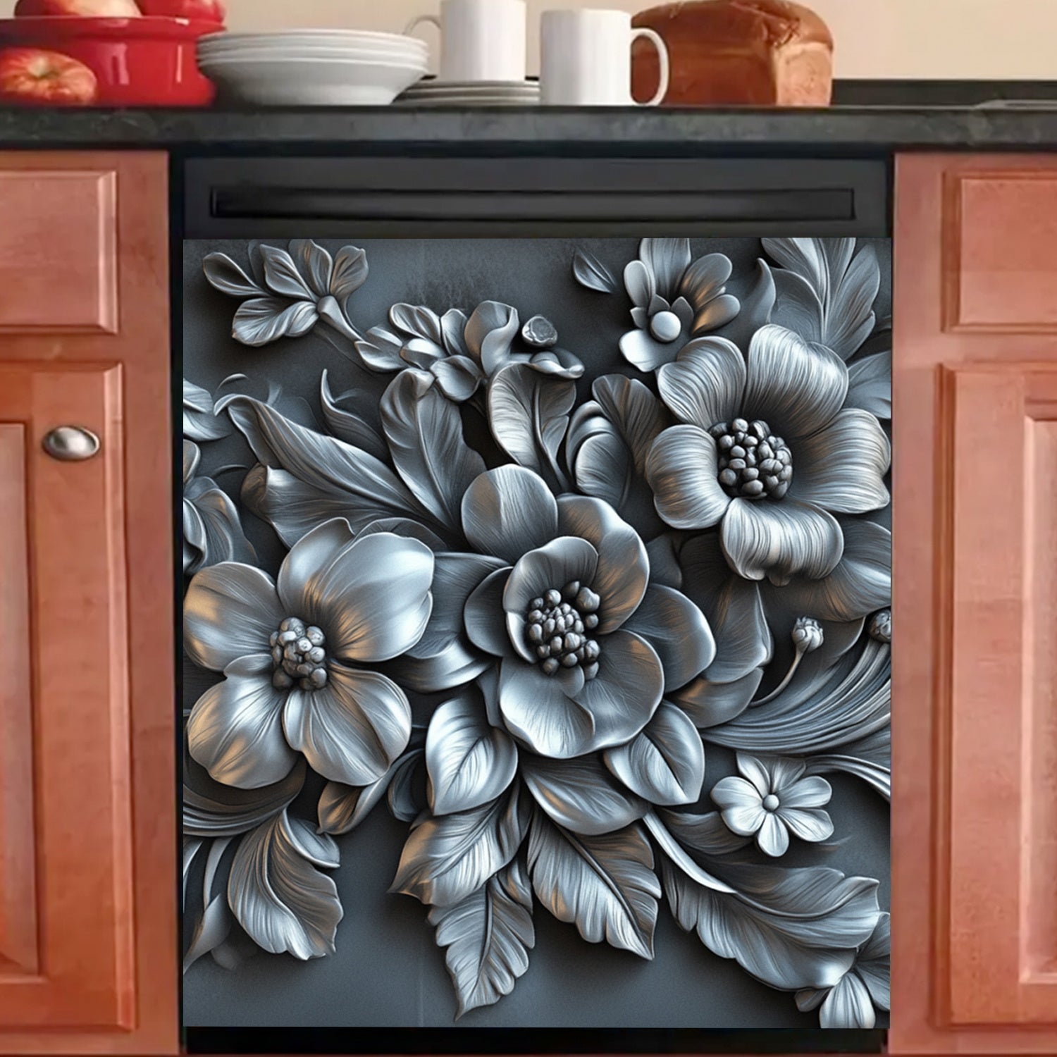 3D Relief Silvery Flower Dishwasher Magnetic Cover Waterproof Heat-Resistant Metal Panel Sticker 58.5x65 cm