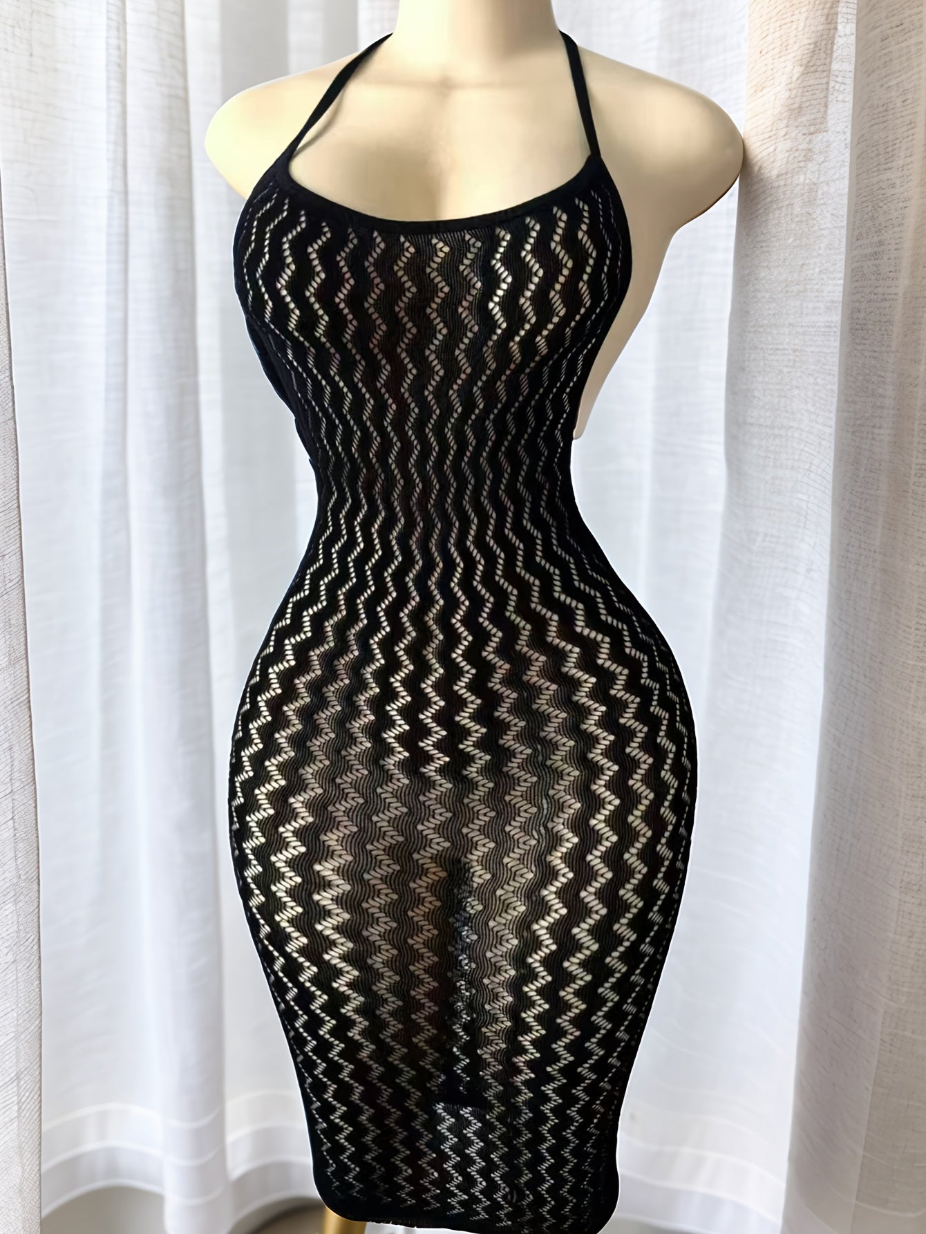 Plus Size Sheer Bodycon Mini Dress Nylon Elastane Cut-Out Black