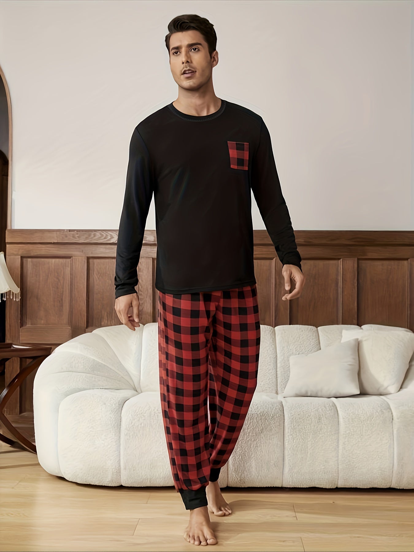 Men's Long Sleeve Plaid Pajama Set in Polyester Knit Fabric with Pockets for Fall Winter