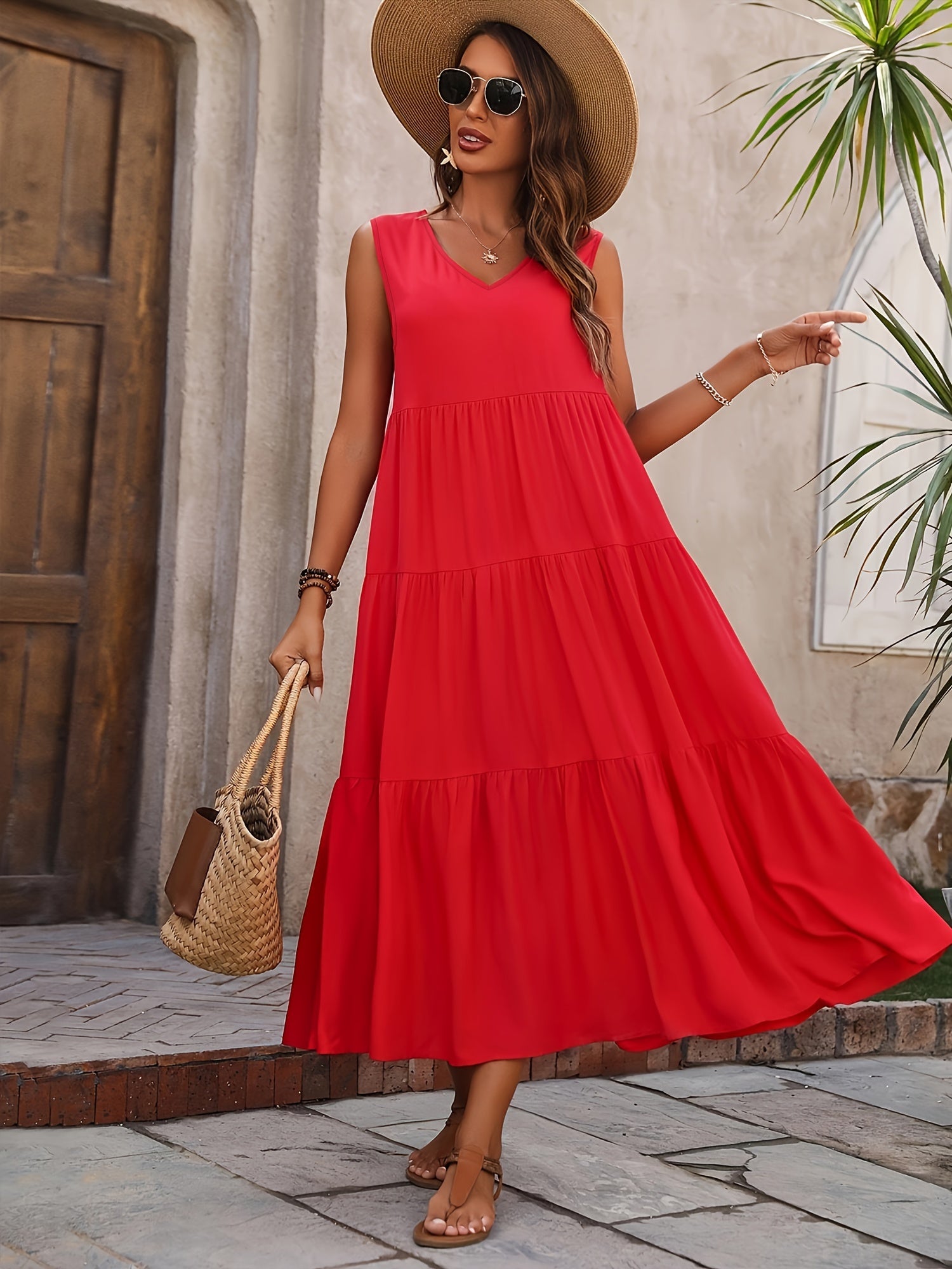 Women's Rayon V-Neck Ruffle Hem Dress for Summer Casual Elegant Flared Solid