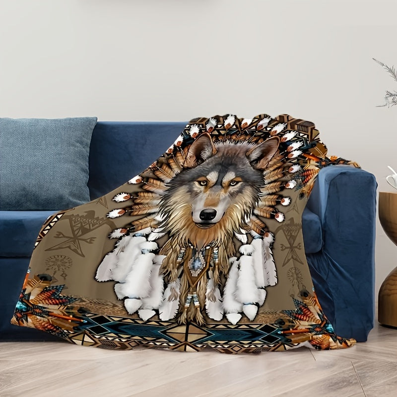 Native American Inspired Wolf Feather Print Flannel Blanket for Snuggling and Travel