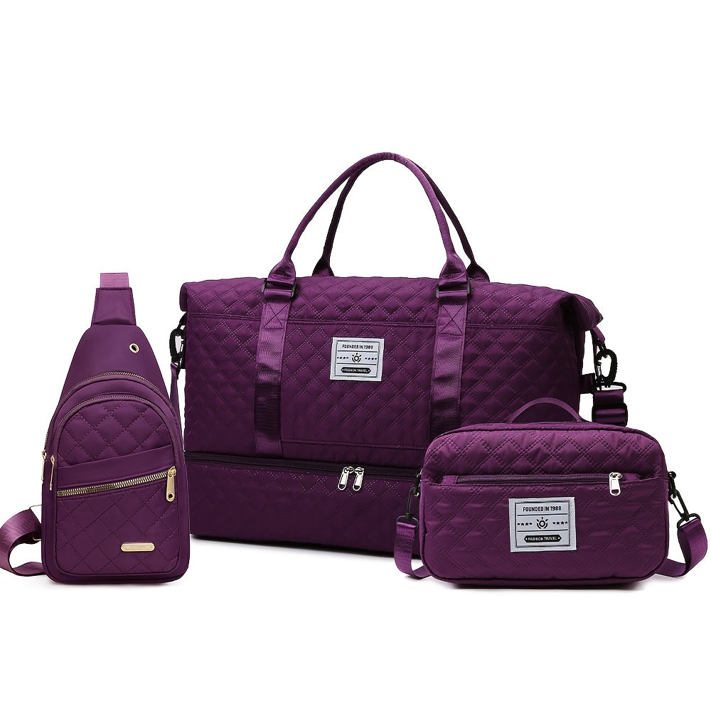 Polyester Travel Bag Set with Shoe Compartment for Men and Women Black Beige Pink Royal Blue