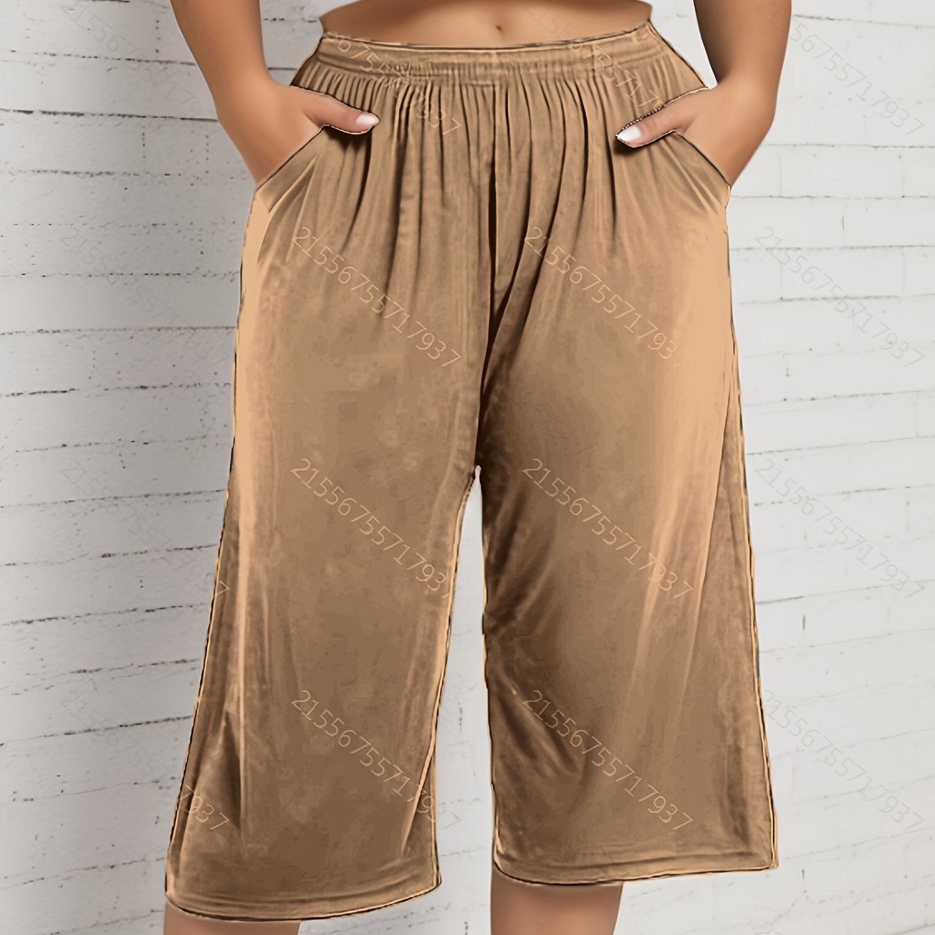 Women's Plus Size Stretchy Capri Pants with Pockets Black Wide Leg