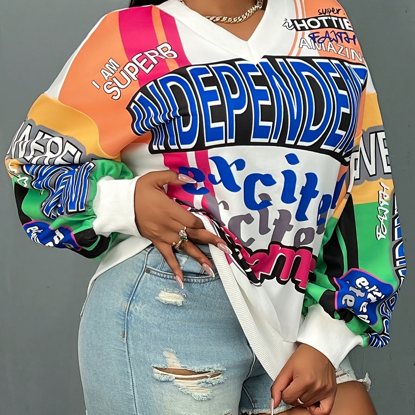 Women's Plus Size Graphic Sweatshirt V-Neck Casual Fall Winter Light Stretch