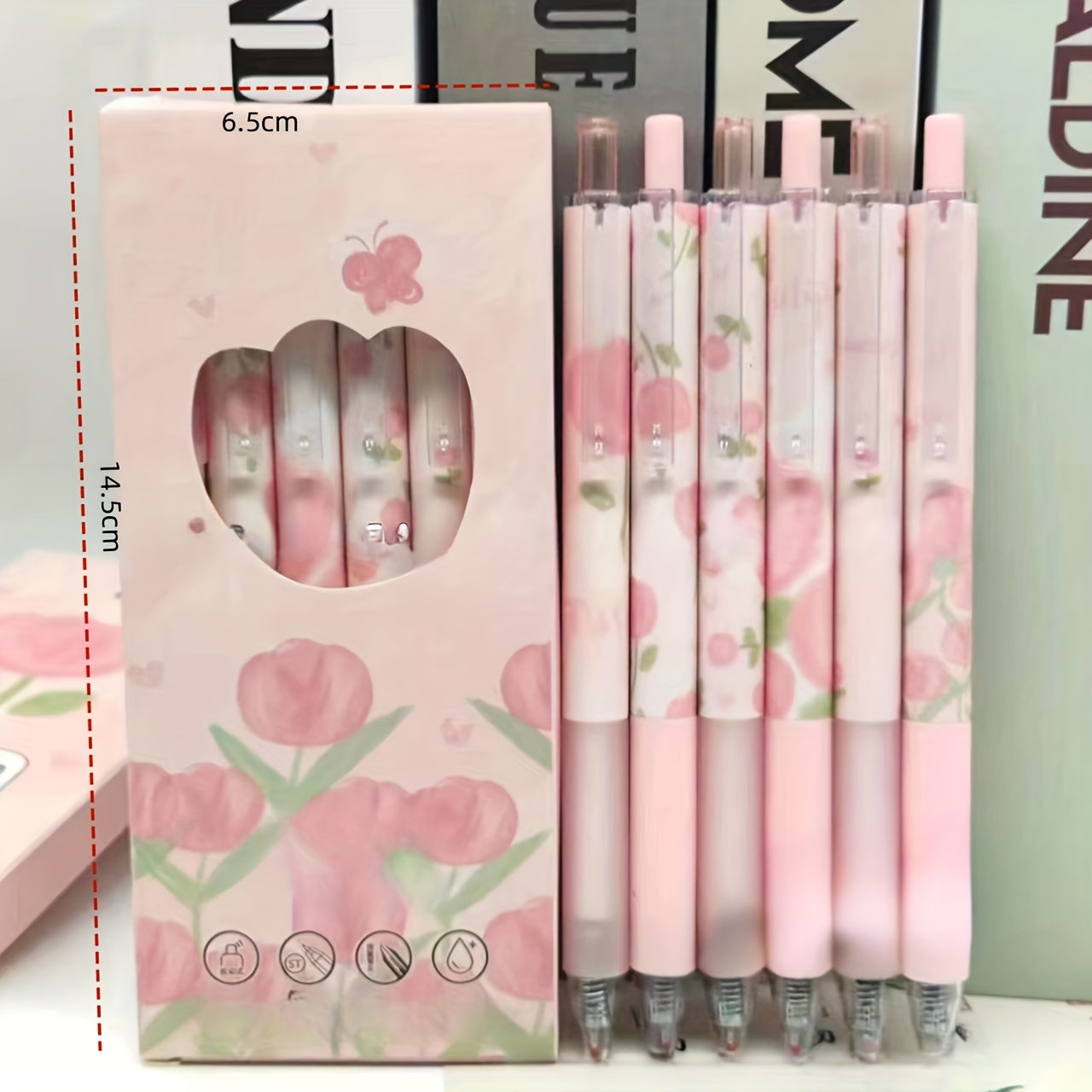 Set of 6 Pink Tulip and Red Rose Rollerball Pens Water-Based Ink Fast Dry Medium Point