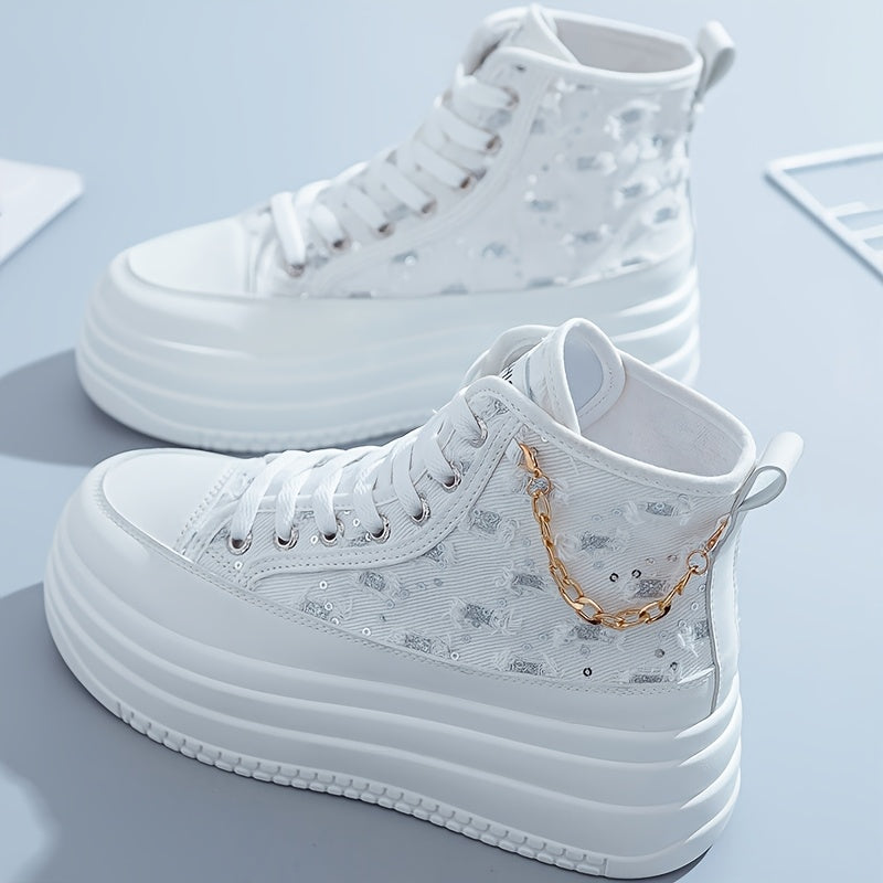 Women's High-Top Sneakers - Black White Blue with Gold Chain Casual Shoes