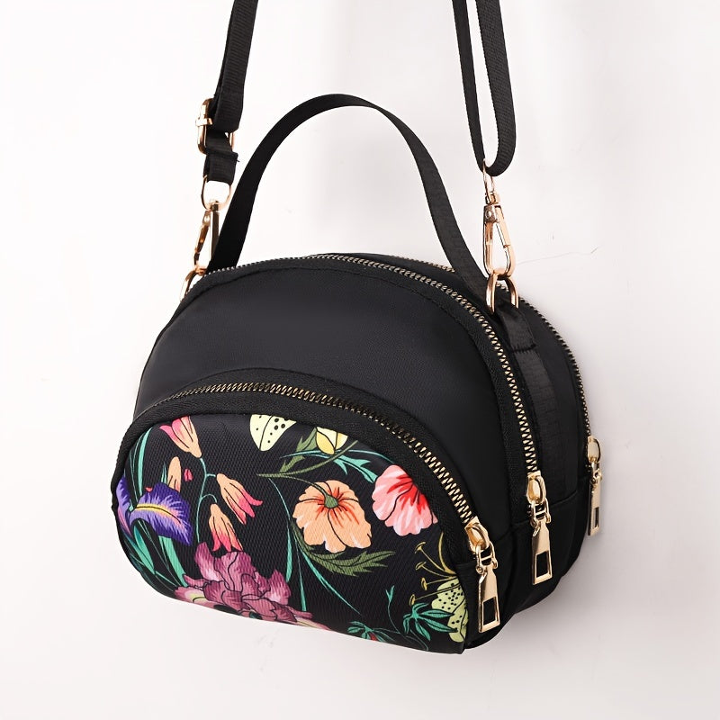 Floral Nylon Crossbody Bag for Women with Adjustable Strap and Zipper Closure