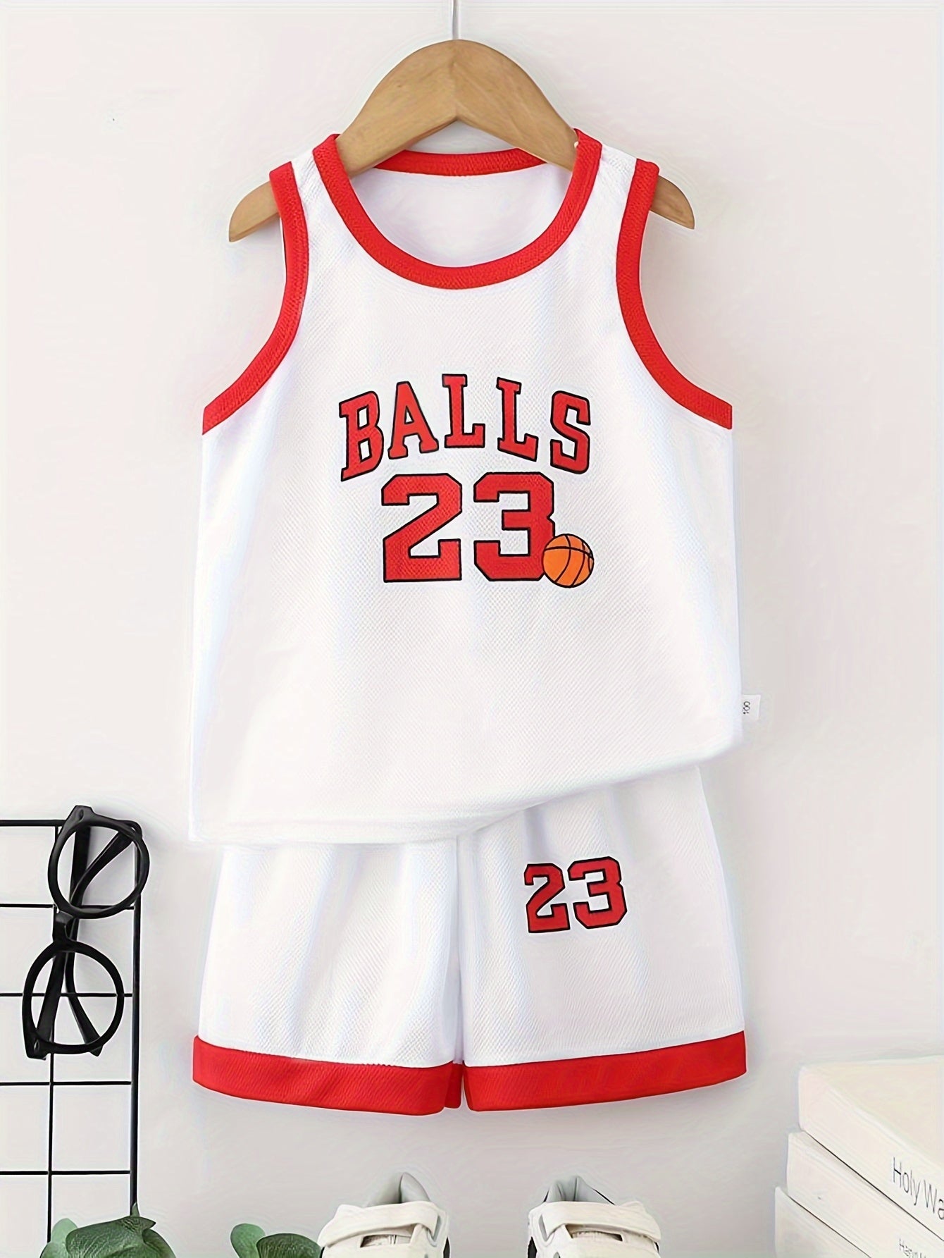 Youth Basketball Jersey and Shorts Set in Red and White 100% Polyester Sleeveless Sports Outfit