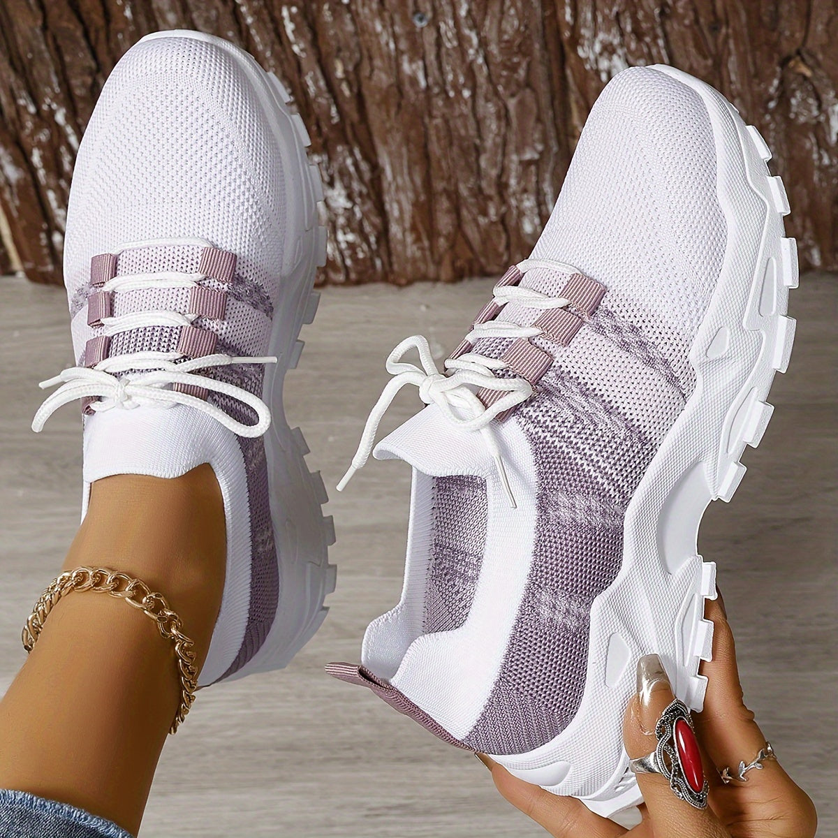 Ayollar uchun nafas oladigan knit platform sport poyafzallari, kundalik lenta bilan bog‘lanadigan tashqi poyafzallar