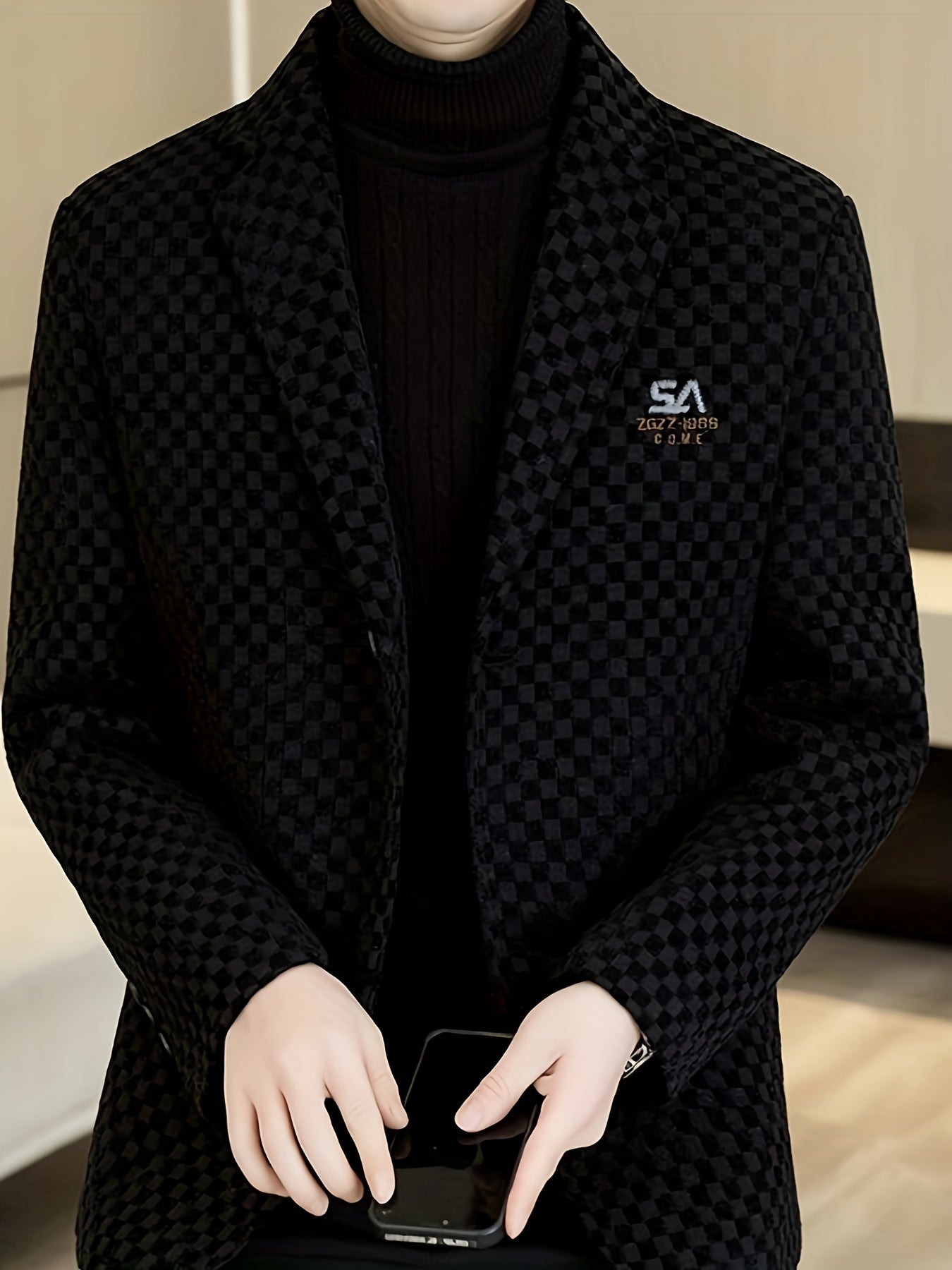 Мужской пиджак из гингема из полиэстера для осеннего сезона с лацканом и классическим кроем