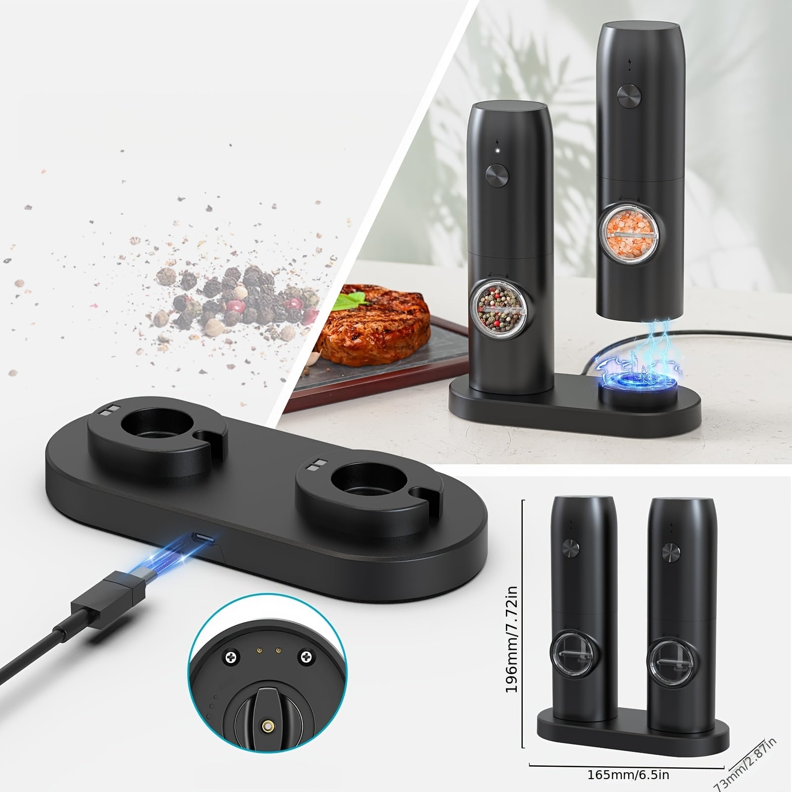 Qayta to'ldiriladigan elektr tuz va murch maydalagich, qora, USB LED chirog'i bilan, keramik maydalagich, sozlanadigan qattiqlik, bitta qo'l bilan boshqarish