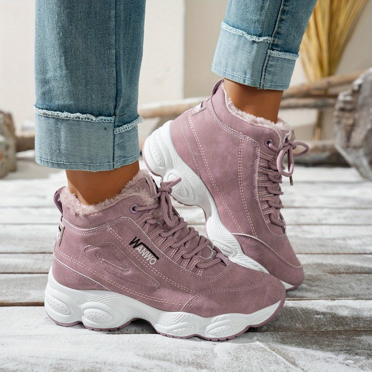 Women's Fleece-Lined Chunky Mid-Heel Ankle Boots White Red Accents