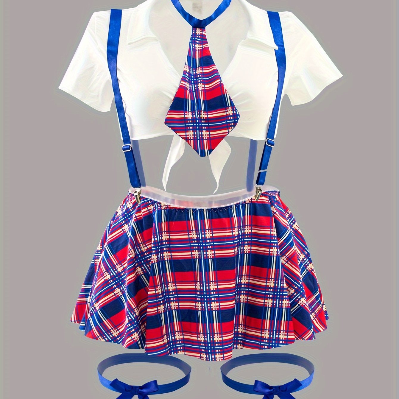 Plus Size Women's Role Play Uniform Set With Plaid Skirt Top Panties Bow Tie