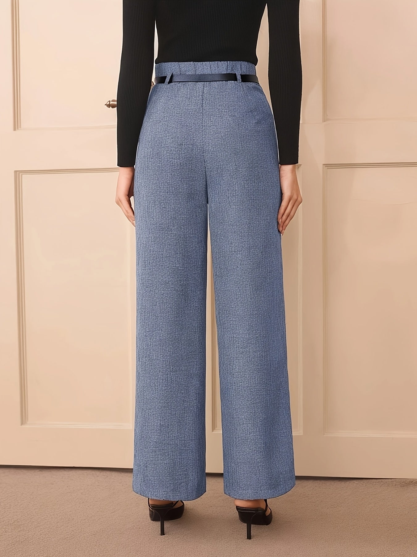 Pantalones de mujer de tiro alto gris de pierna ancha poliéster sin elasticidad para todas las estaciones elegantes largos