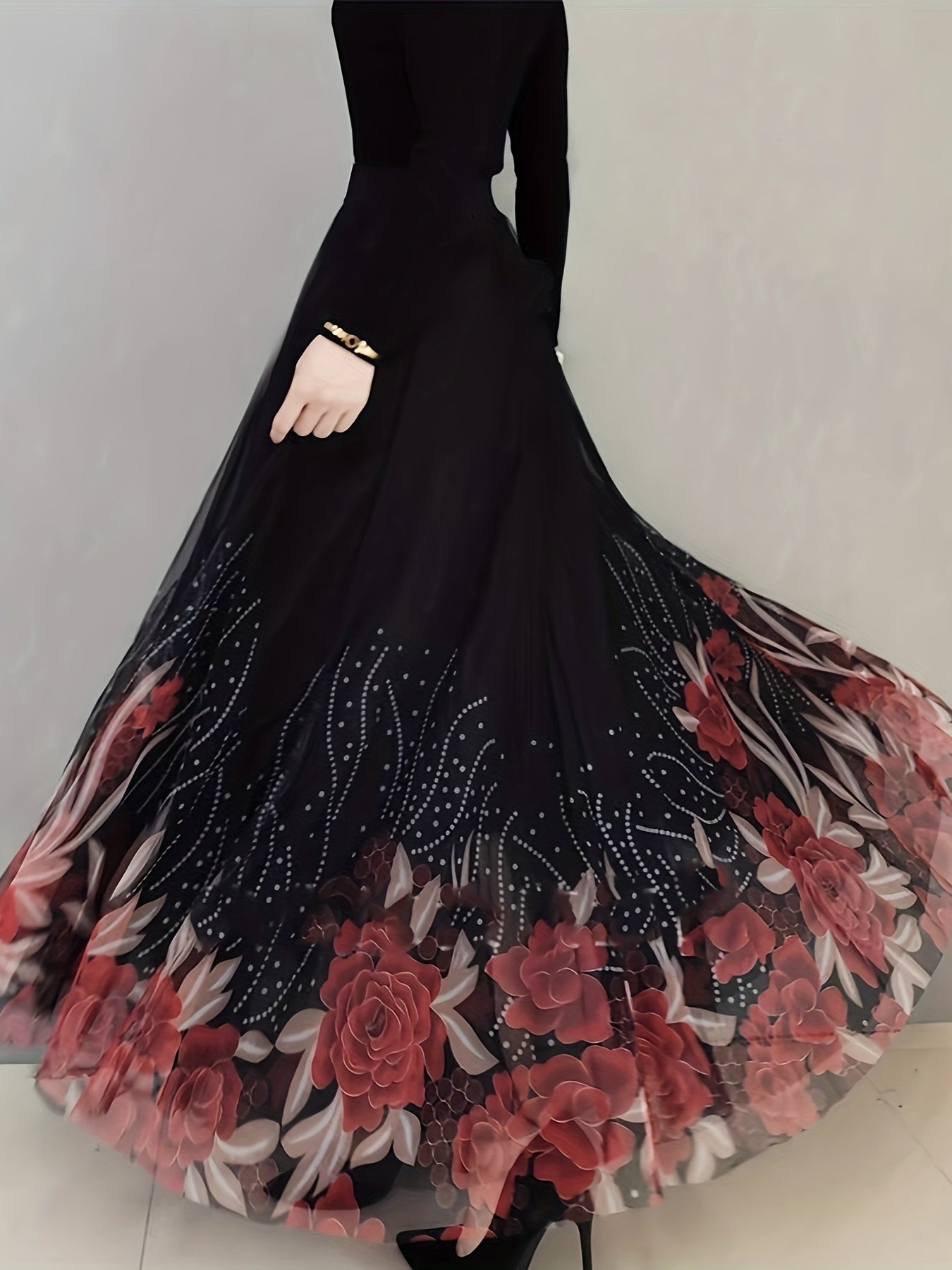 Women's Maxi Skirt with Floral and Butterfly Print Ruffle Hem Polyester Micro Elasticity