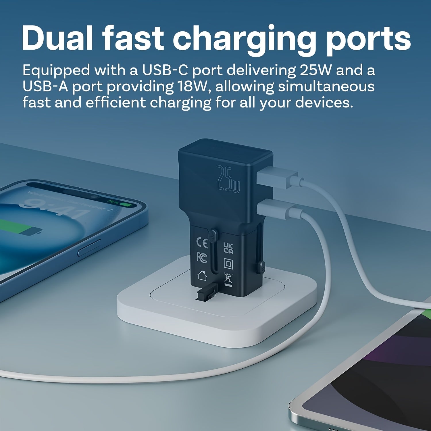 25W xalqaro sayohat uchun quvvat adapteri, USB-C va USB-A portlari bilan, AQSh, Buyuk Britaniya, Yevropa Ittifoqi, Avstraliya va Yaponiyaga mo‘ljallangan