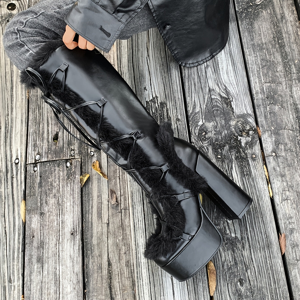 Женские ботинки из искусственного меха до середины икры однотонные с блоковым каблуком и молнией, зимняя обувь