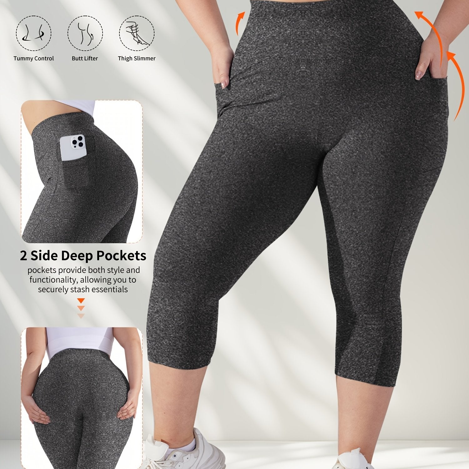 Леггинсы для женщин больших размеров с высокой талией и карманами, контроль живота, серый