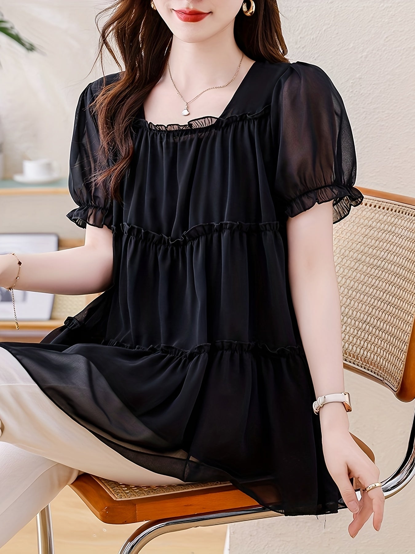 Women's Plus Size Chiffon Blouse Black Short Sleeve Casual Top