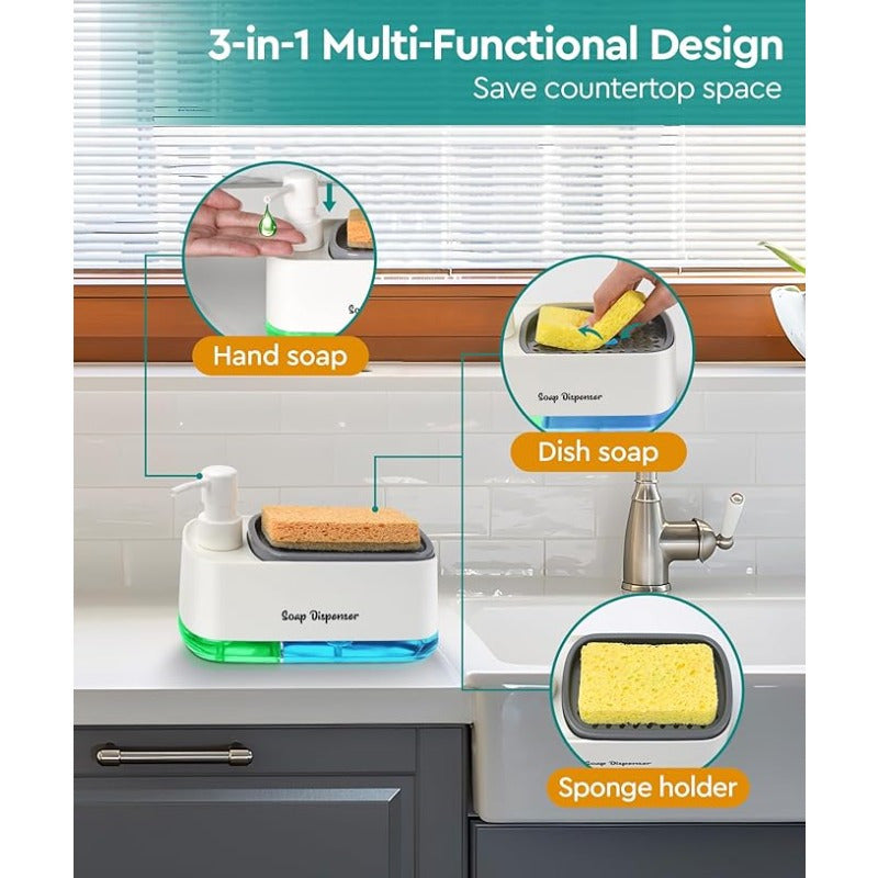 Manual Soap Dispenser with Sponge Holder Non-Electric Nickel-Free Kitchen Sink Countertop Liquid Pump