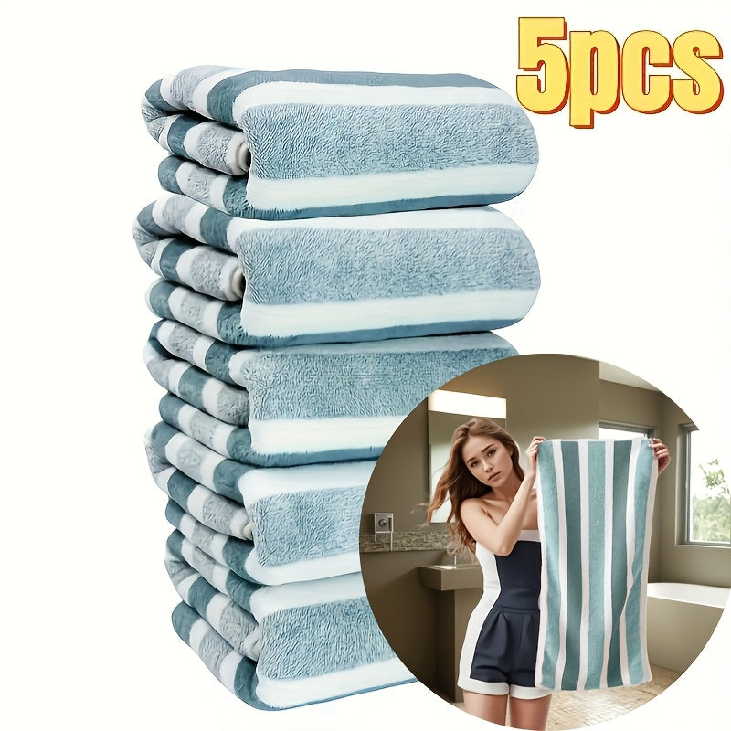 Soft Coral Fleece Towel Set 5 Pieces Quick-Dry Striped Polyester 280gsm